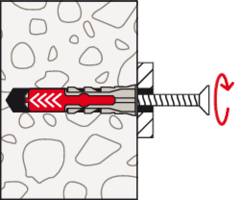Illustration d'un chevillet dans un mur avec une vis en train de tourner pour expandre le chevillet.