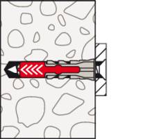 Illustration d'un chevillet ancré dans un mur, avec une cheville à expansion rouge et un filetage de vis fixé dans le béton.