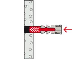 Diagramme d'installation d'une cheville : Une cheville est représentée dans un mur avec un élément rouge en expansion. La flèche pointe vers la gauche.