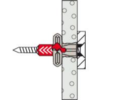 Illustration d'un goujon ancré dans du béton. Le corps rouge se déploie dans le mur ; la vis resserre le goujon.