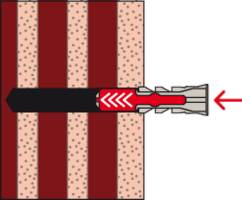 Diagramme d'une fixation murale : Une vis rouge est vissée dans un cheville, qui est ancrée dans un mur strié.