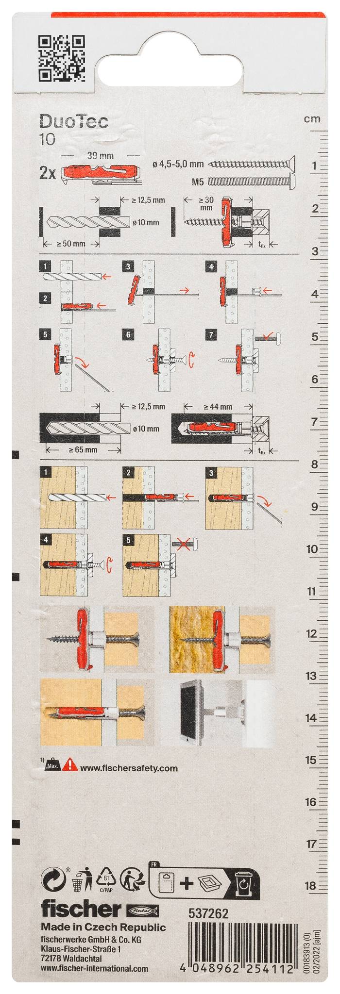 Emballage produit pour chevilles Fischer DuoTec, présentant les étapes d'installation, les mesures et un code QR, avec le logo Fischer et le code-barres au bas.