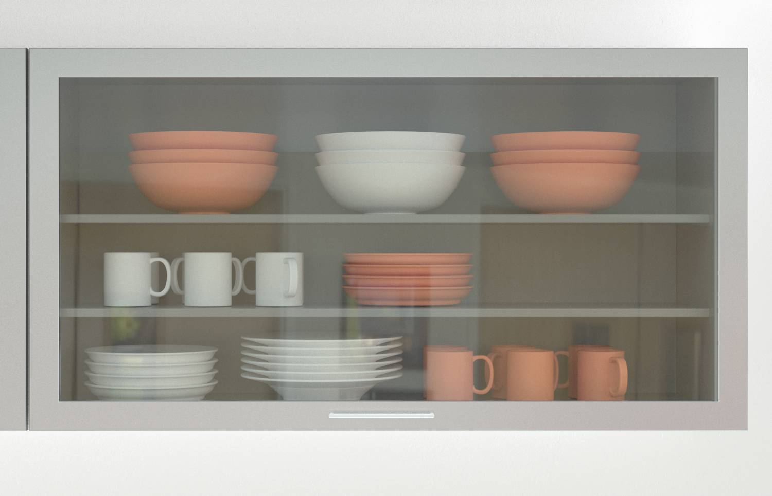Armoire de cuisine fermée avec des assiettes empilées proprement : bols pêche sur le dessus, tasses et assiettes blanches, et tasses pêche sur les étagères inférieures.