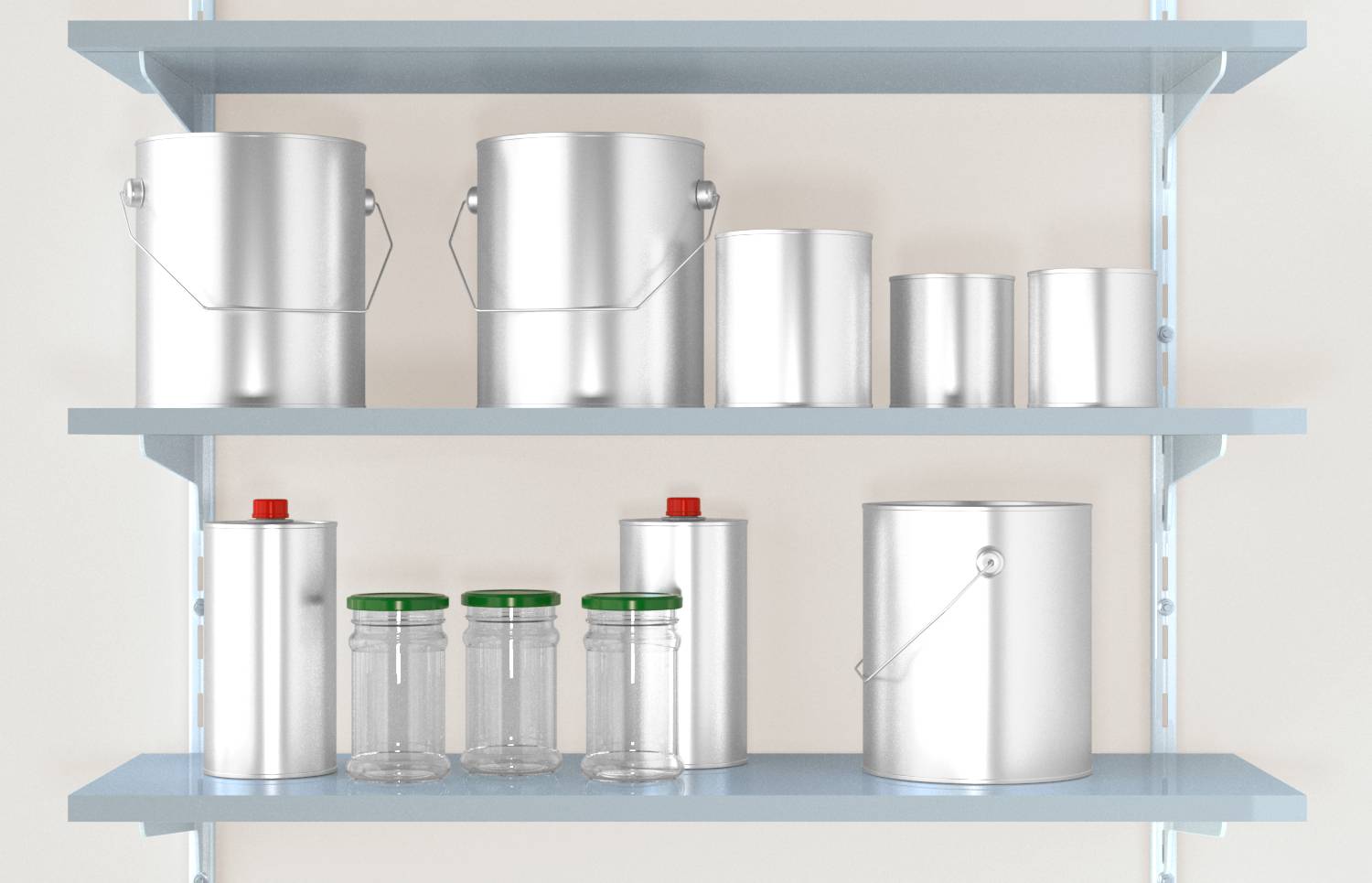 Des étagères avec plusieurs bidons de peinture argentée et quelques petits bocaux transparents avec des couvercles verts, disposés en rangées contre un mur clair.