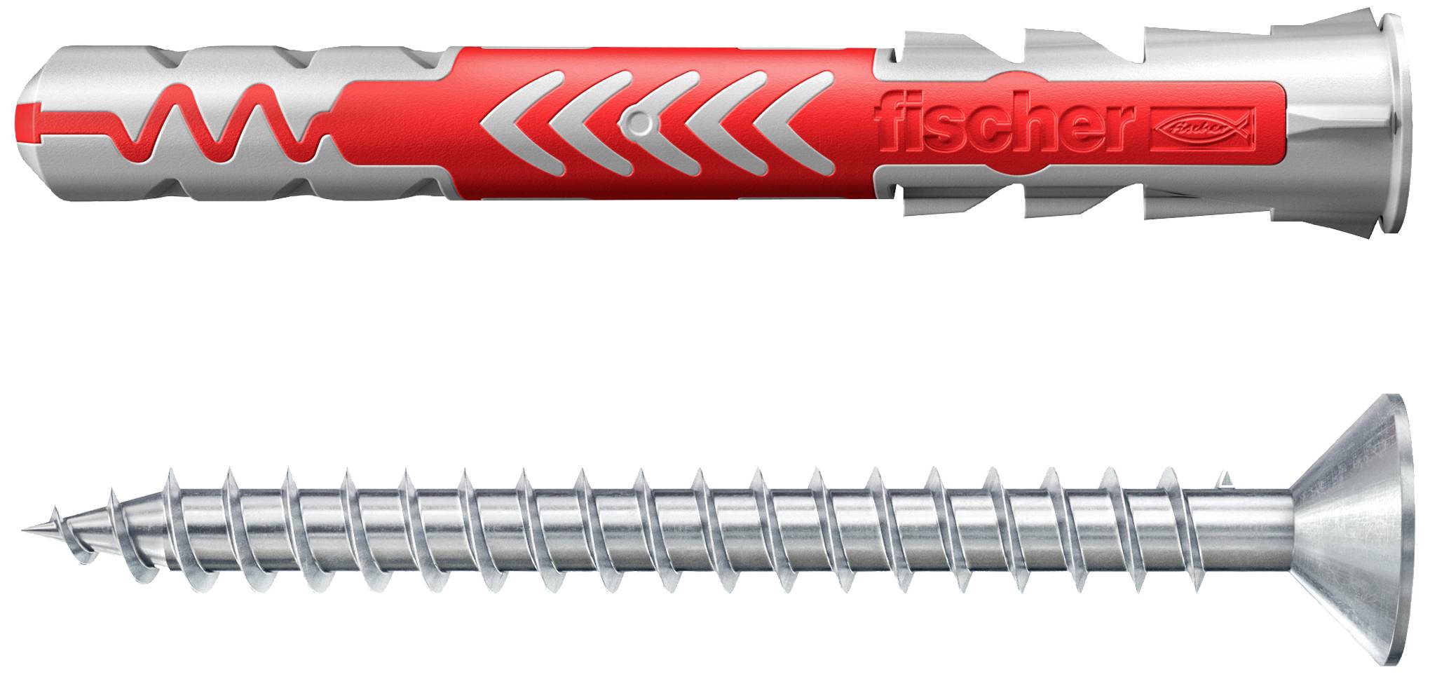 Un cheville rouge et une vis argentée, toutes deux en métal. La cheville présente un motif dentelé et porte l'inscription 'fischer'.