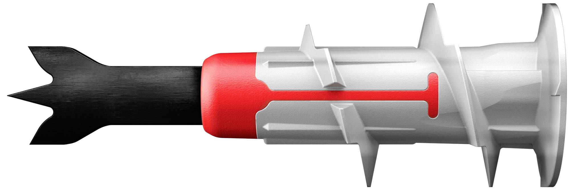 Un cheville en plastique avec une extrémité crantée noire et un accent rouge, utilisée pour la fixation dans les murs.