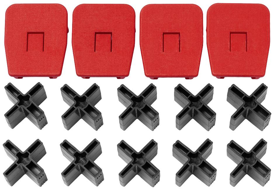 Quatre pièces en plastique rouge et huit connecteurs noirs en forme de X, probablement des éléments de jouet ou de modélisme.