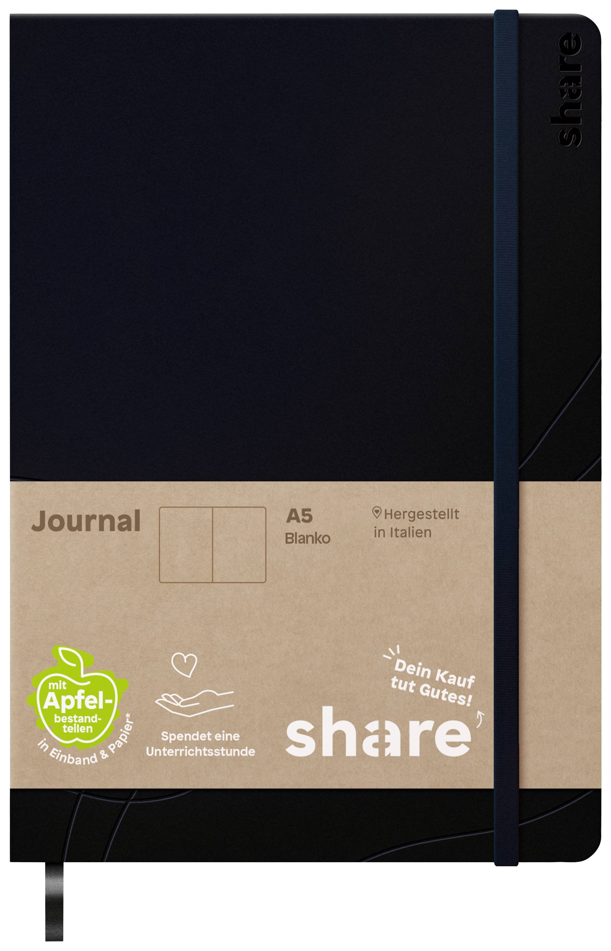 Carnet A5 à couverture noire, bande marron ; Texte : 'Vierge, Fabriqué en Italie, Offre une heure de cours'.