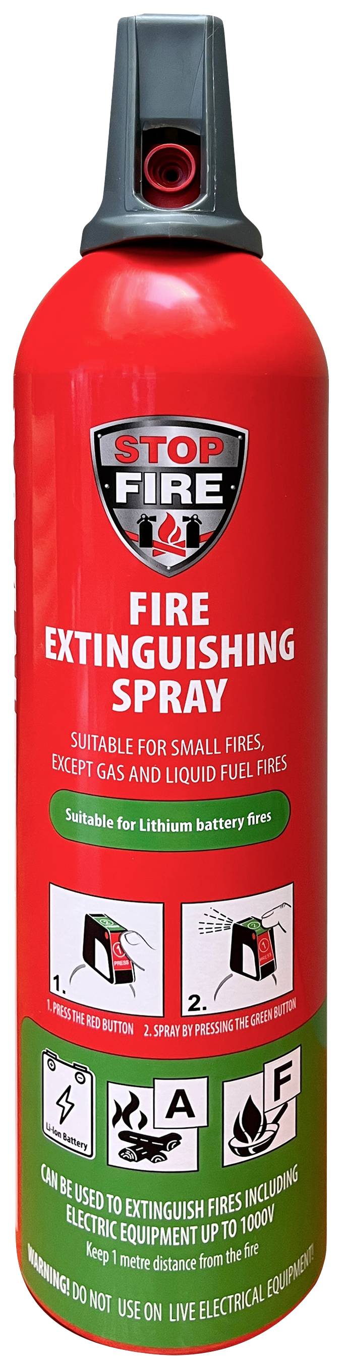 Spray extincteur rouge pour petits incendies, adapté aux feux de matières solides et aux feux de batteries au lithium. Avertissement : Ne pas utiliser sur les feux de liquides ou de gaz.