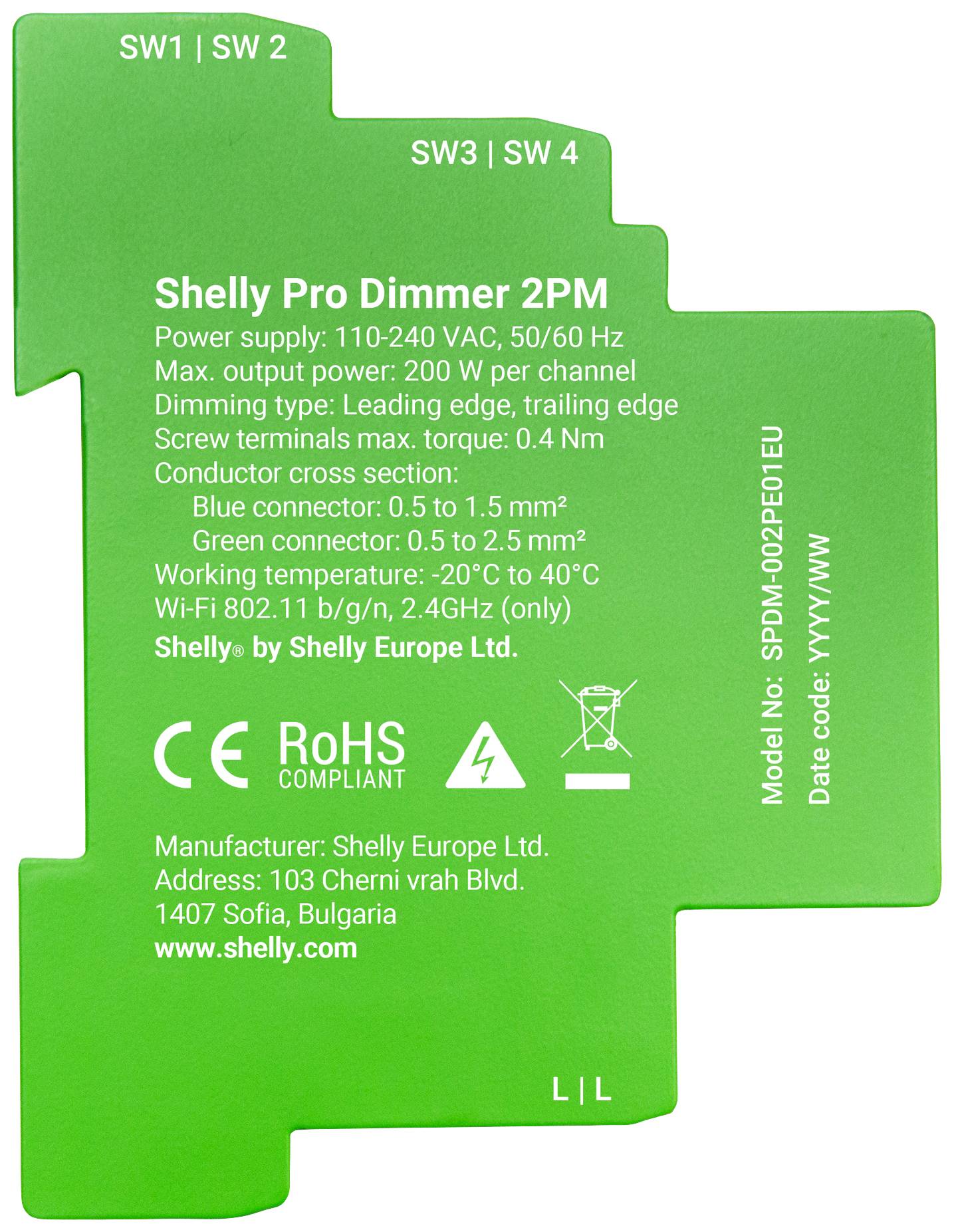 Shelly Pro Dimmer 2PM Relais pour rail DIN Bluetooth, Wi-Fi