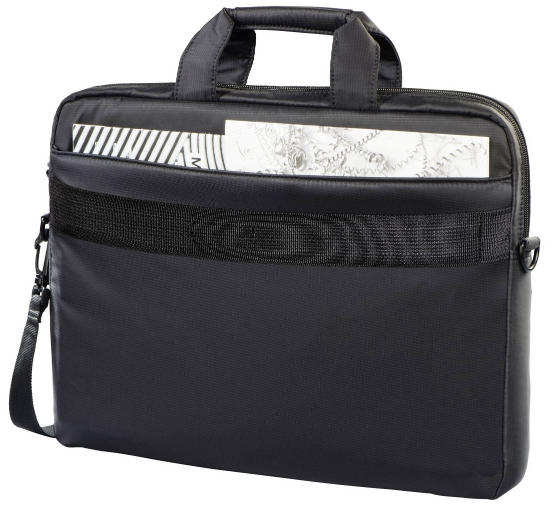 Sacoche pour ordinateur portable noir avec poignée de transport et porte-bandoulière, contenant un papier roulé avec un motif géométrique dans la poche extérieure.