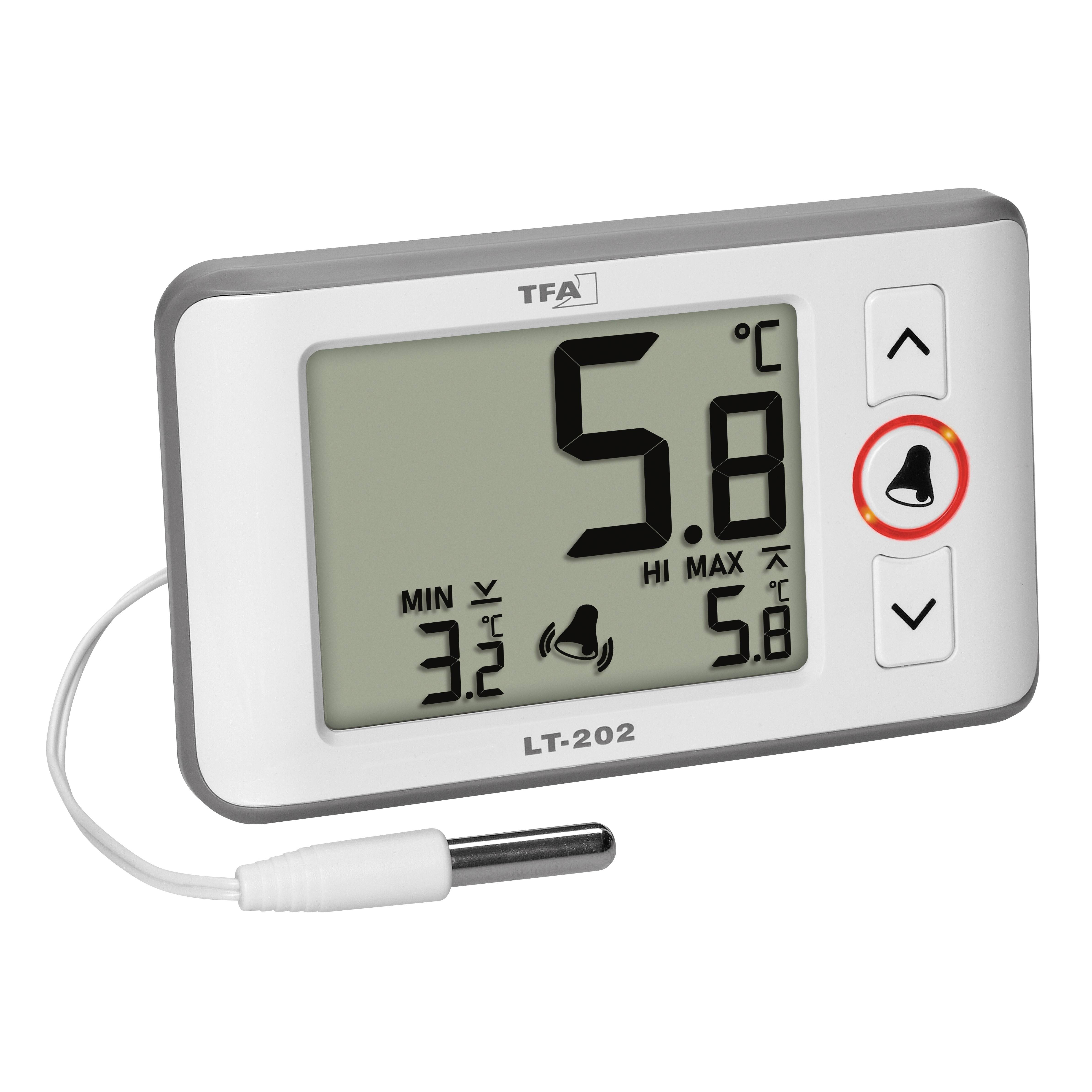Thermomètre numérique avec affichage LCD indiquant 5,8°C. Température minimale 3,2°C, température maximale 5,8°C. Capteur connecté.