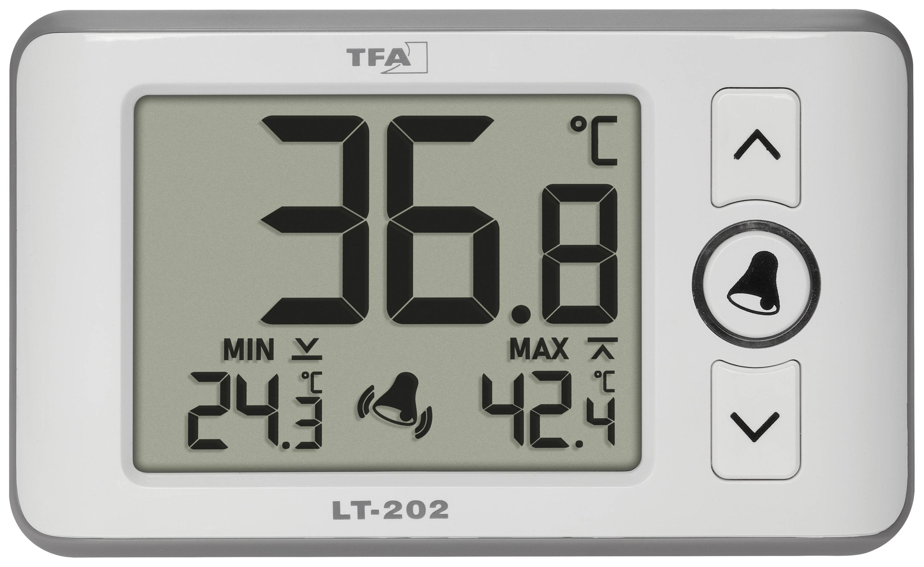 Thermomètre numérique affiche 36,8°C. Min. 24,3°C, Max. 42,4°C. Deux touches fléchées et bouton d'alarme visibles.