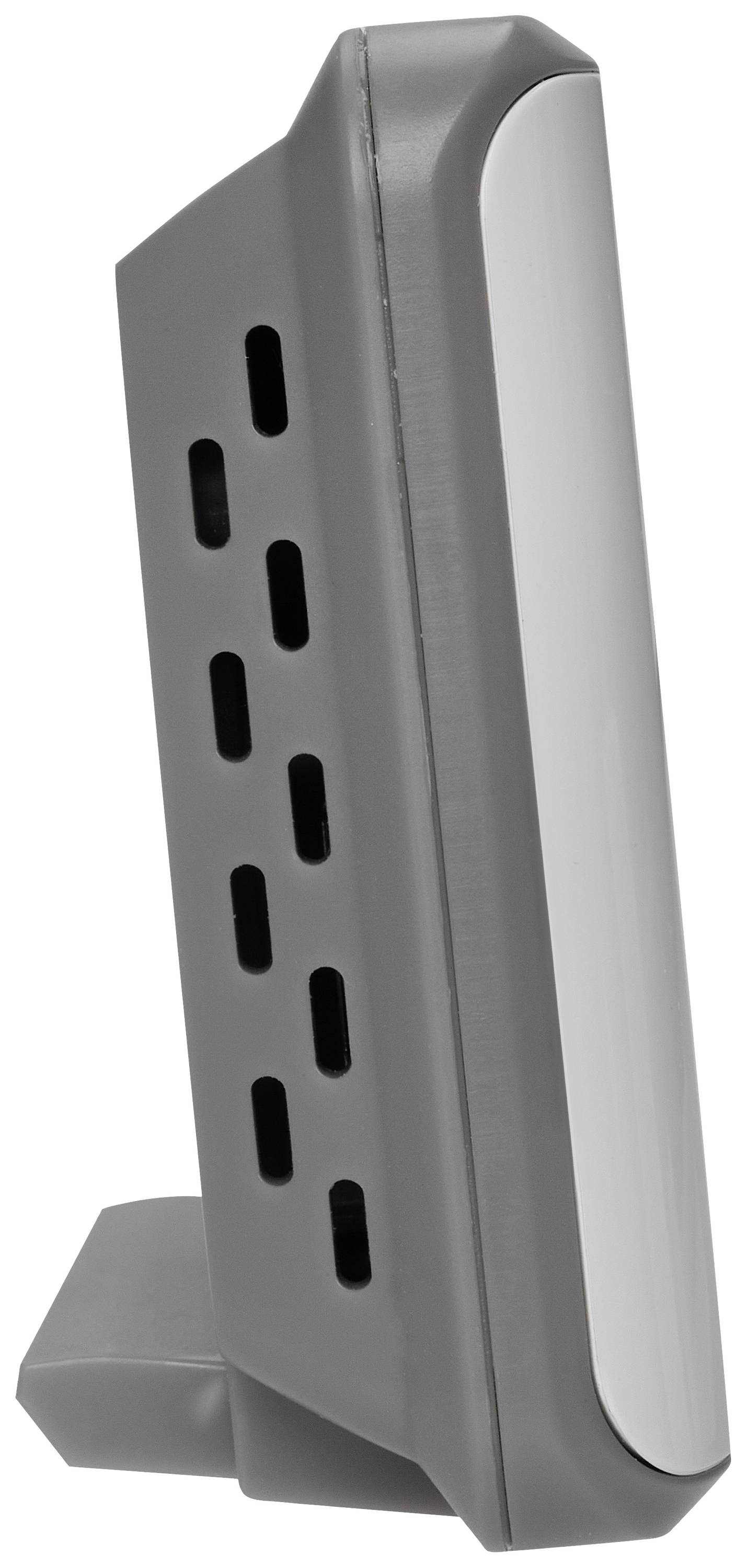 Boîtier en plastique gris vertical avec des fentes de ventilation sur le côté gauche, reposant sur un socle large et stable.
