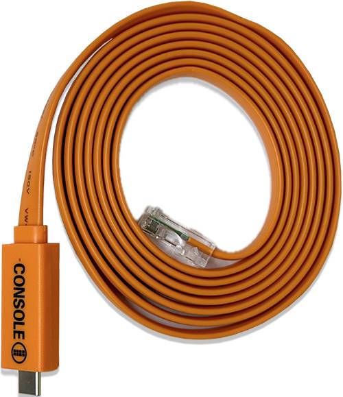 Câble USB vers RJ45 orange portant l'inscription 'Console', enroulé, destiné à la connexion d'équipements techniques.