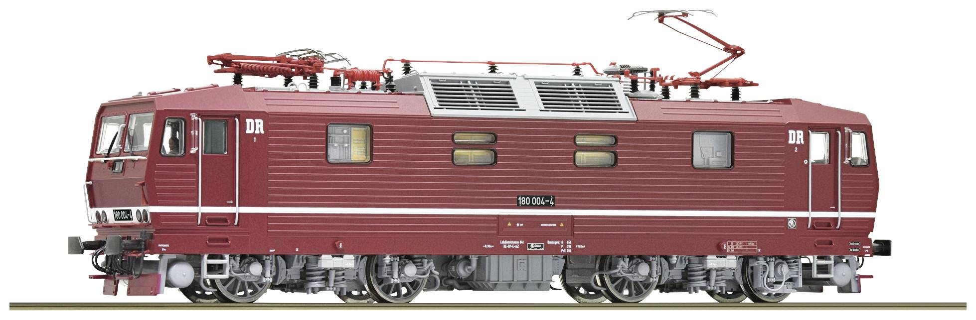 Un modèle rouge d'une locomotive avec des pantographes et l'inscription « DR 180 001-6 » sur le côté.