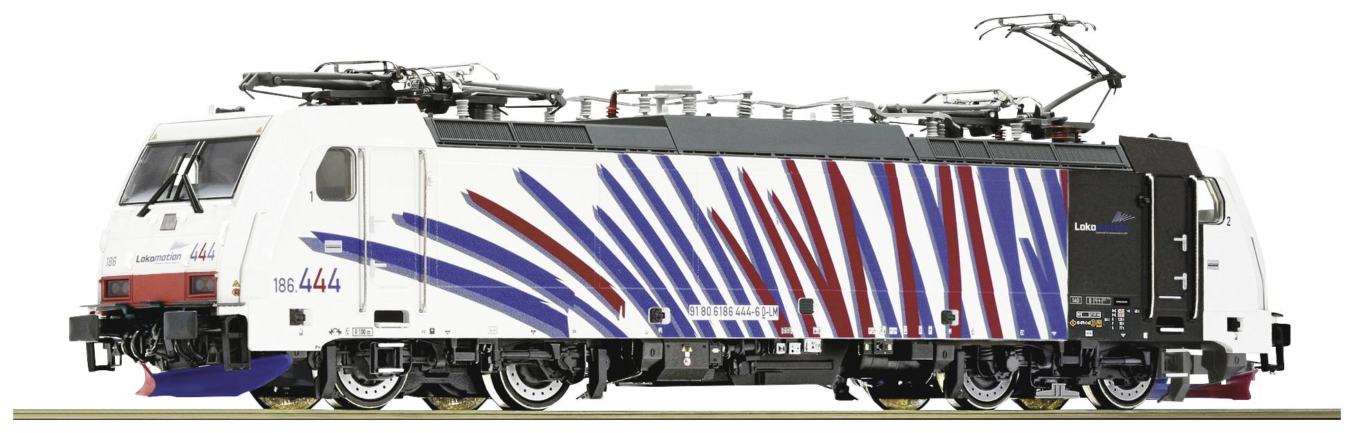 Une locomotive blanche avec des bandes bleues et rouges, stationnée sur une voie ferrée. La locomotive porte le numéro 444.