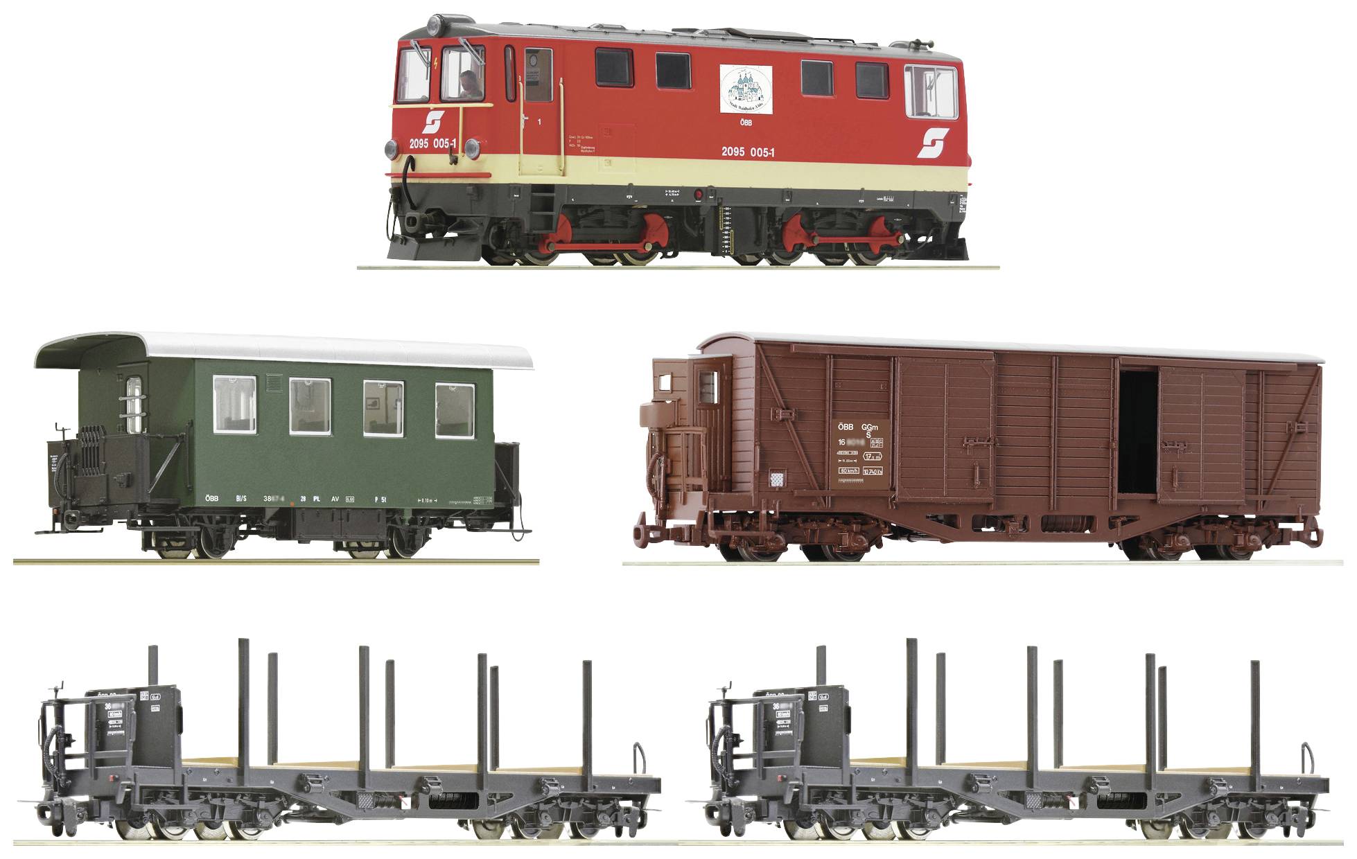 Un ensemble de train miniature comprenant une locomotive rouge, une voiture de voyageurs verte, un wagon de marchandises brun et deux wagons plats noirs.