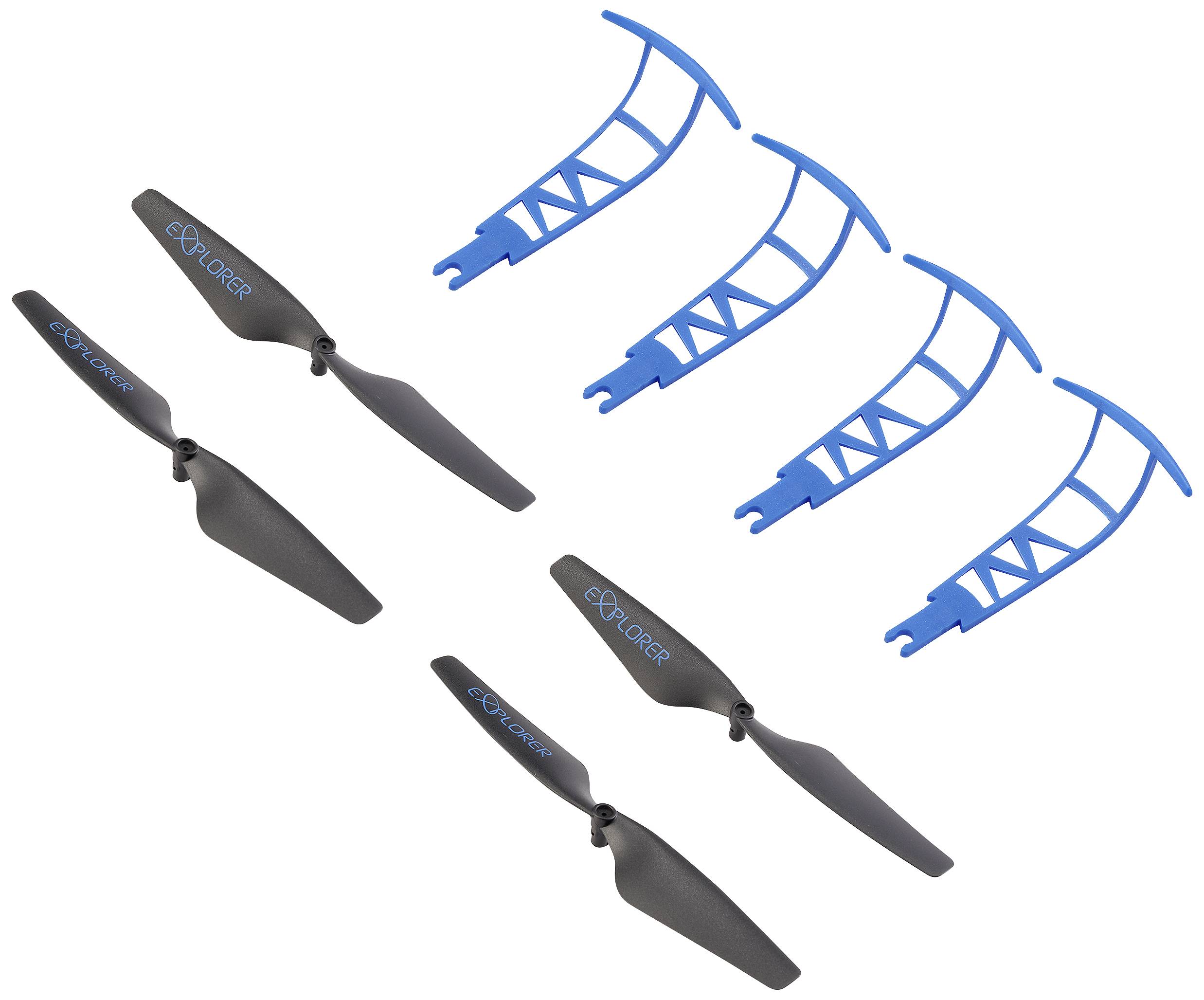 Hélices de rechange et dispositifs de protection pour drone, composés de quatre hélices noires et de quatre protège-hélices bleus.