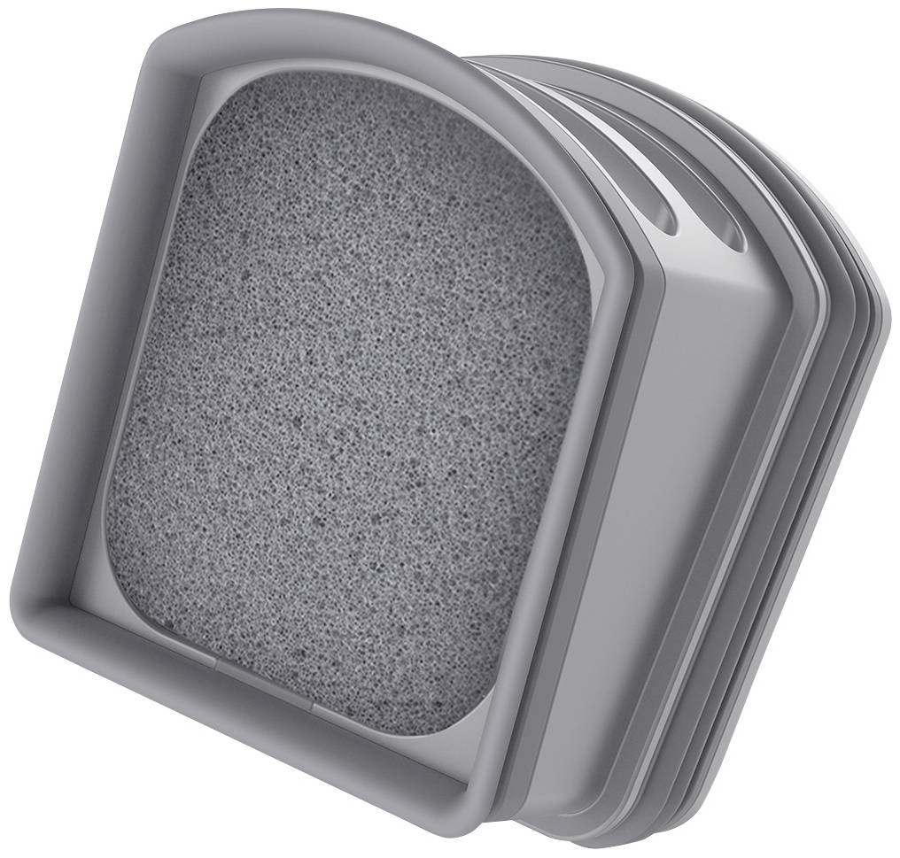 'Filtre à tamis gris rond dans un boîtier en plastique gris, adapté pour la filtration de l'air ou de l'eau. Fentes latérales pour une meilleure circulation de l'air ou de l'eau.'