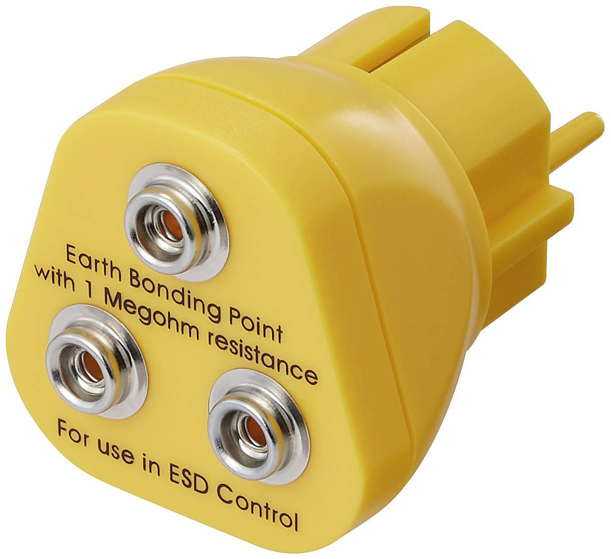 Adaptateur de point de mise à la terre jaune avec trois bornes métalliques et l'inscription 'Point de liaison à la terre avec une résistance de 1 mégohm', utilisé pour le contrôle ESD.
