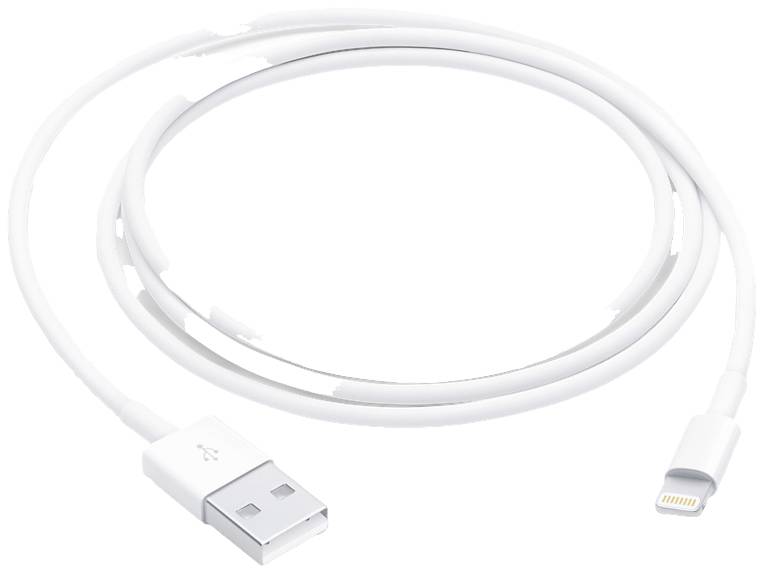 Câble de charge USB blanc avec une connexion USB à une extrémité et une connexion Lightning à l'autre extrémité.