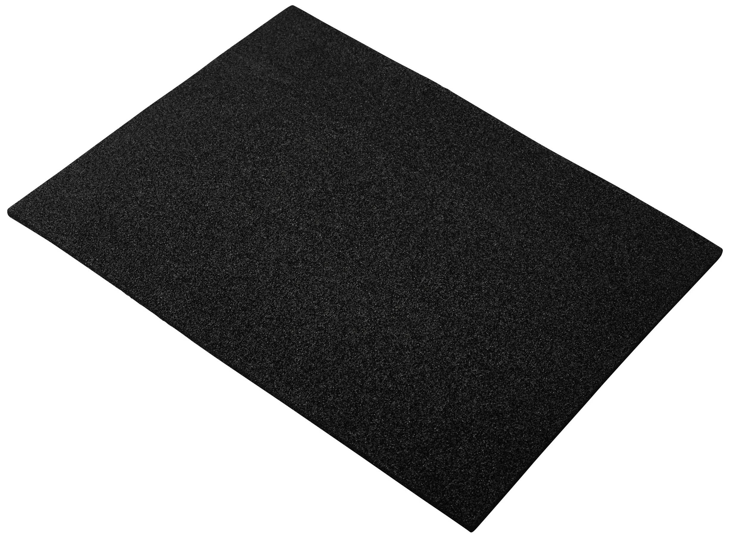 Un tapis anti-fatigue noir et rectangulaire, vu en plongée oblique. Il offre du confort et du soutien lors de la station debout.