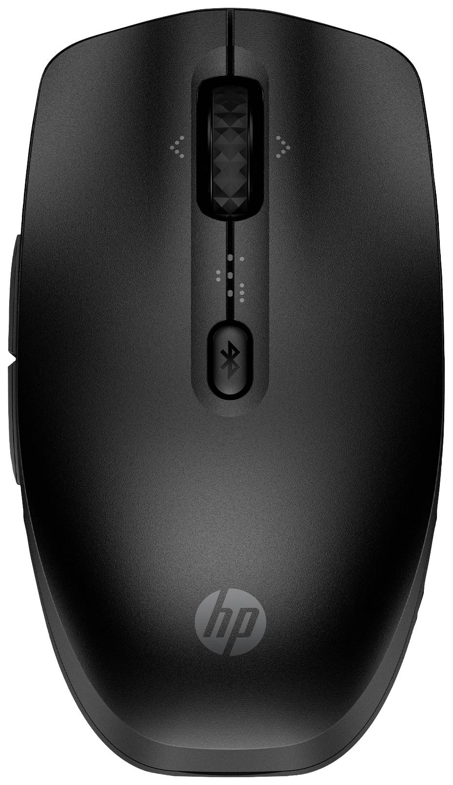 Souris HP noire sans fil avec molette de défilement et bouton Bluetooth, vue de dessus.