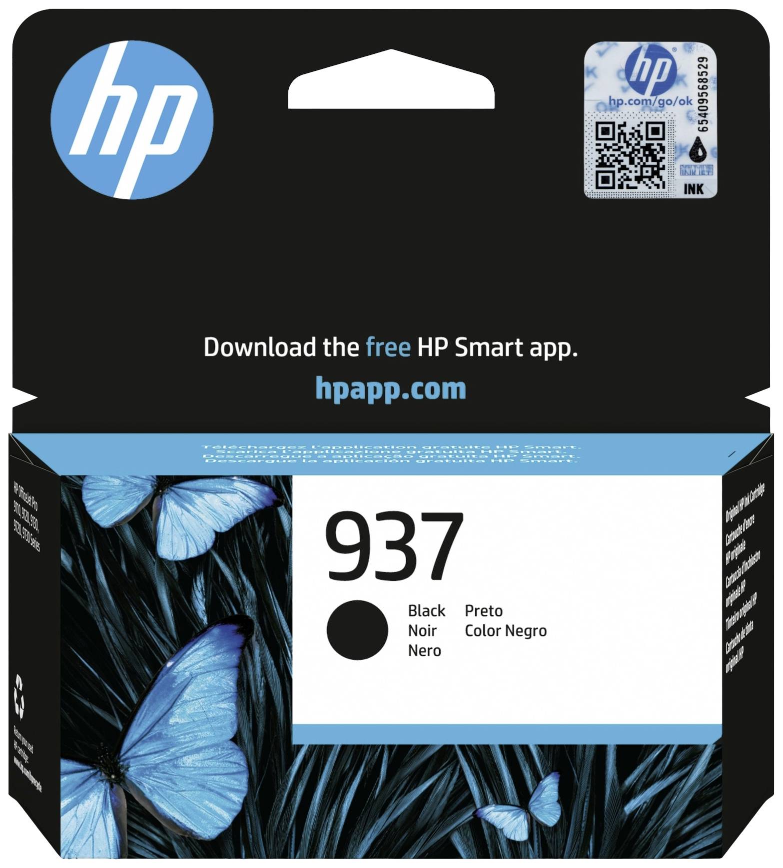 'Cartouche d'encre HP 937 en noir, avec un motif de papillon sur l'emballage. Instructions pour télécharger l'application HP Smart.'