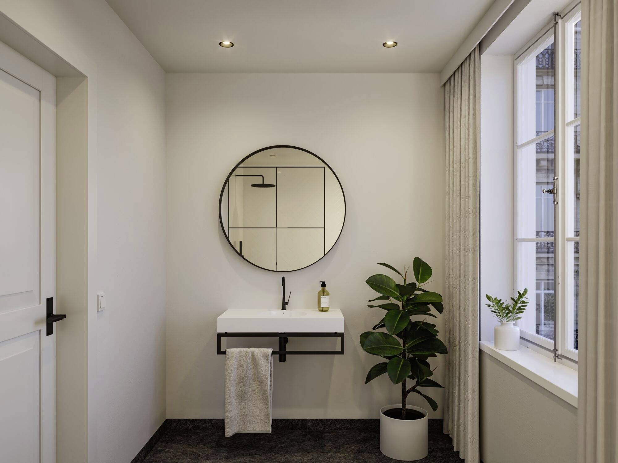 Une salle de bain moderne avec un miroir rond au-dessus d'un lavabo élégant, à côté duquel se trouve une plante verte et une fenêtre avec des rideaux.