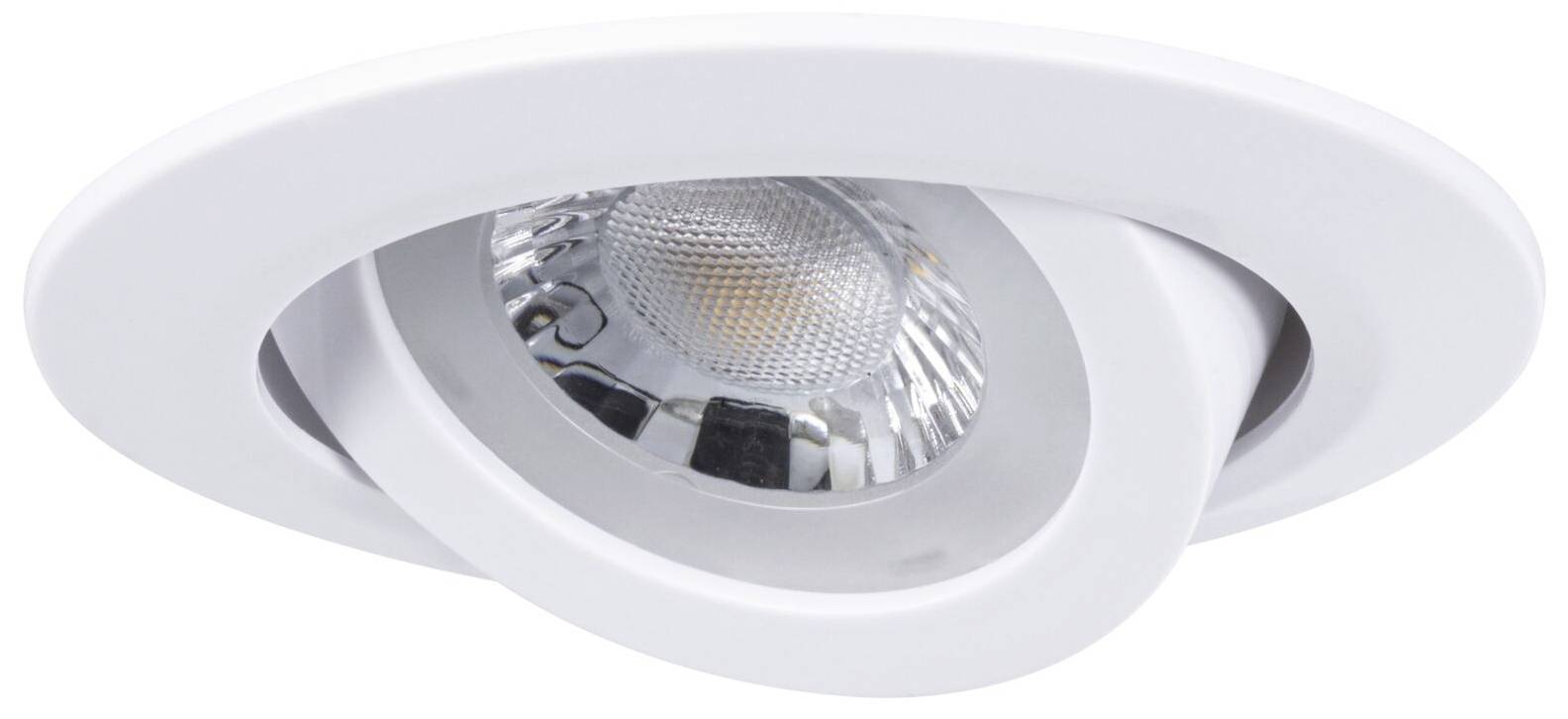 Un luminaire de plafond blanc et ajustable, avec un cadre rond et un intérieur réfléchissant, adapté pour créer des accents lumineux directionnels.