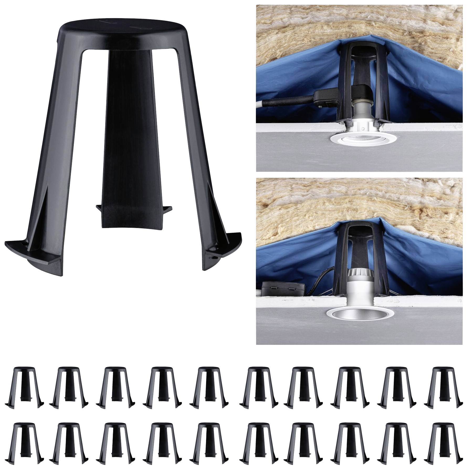 Chaise en plastique noir, présentée seule et en plusieurs répétitions. Petites photos en haut : les pieds de la chaise soutiennent un câble et une connexion.