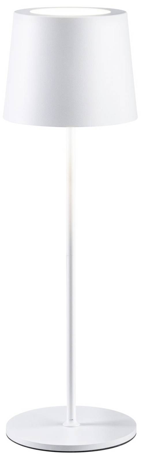 Lampadaire blanc avec un socle cylindrique étroit et un abat-jour conique.