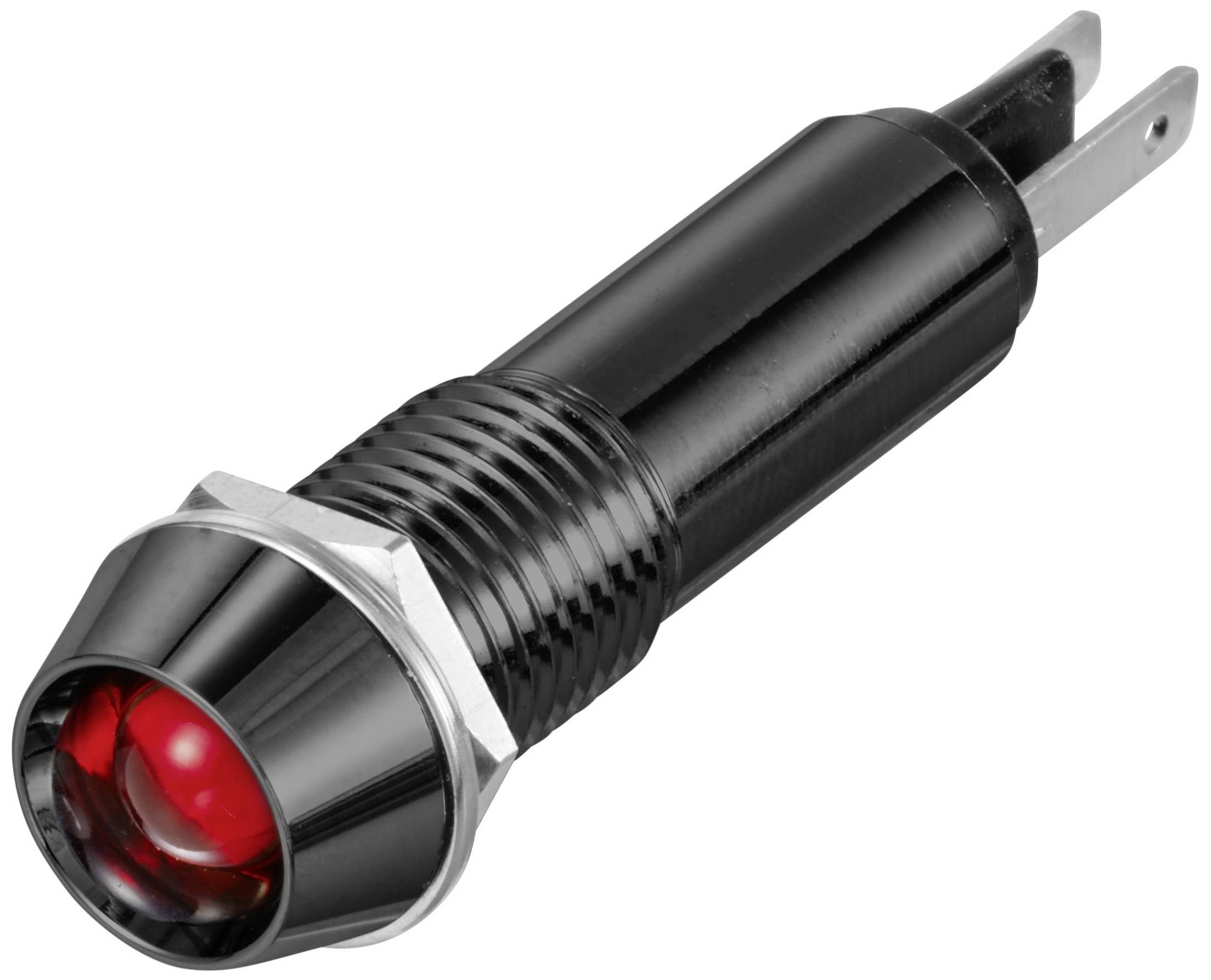 Une lampe témoin LED noire avec lumière rouge, de forme cylindrique, écrou hexagonal en argent et deux broches métalliques aux extrémités.
