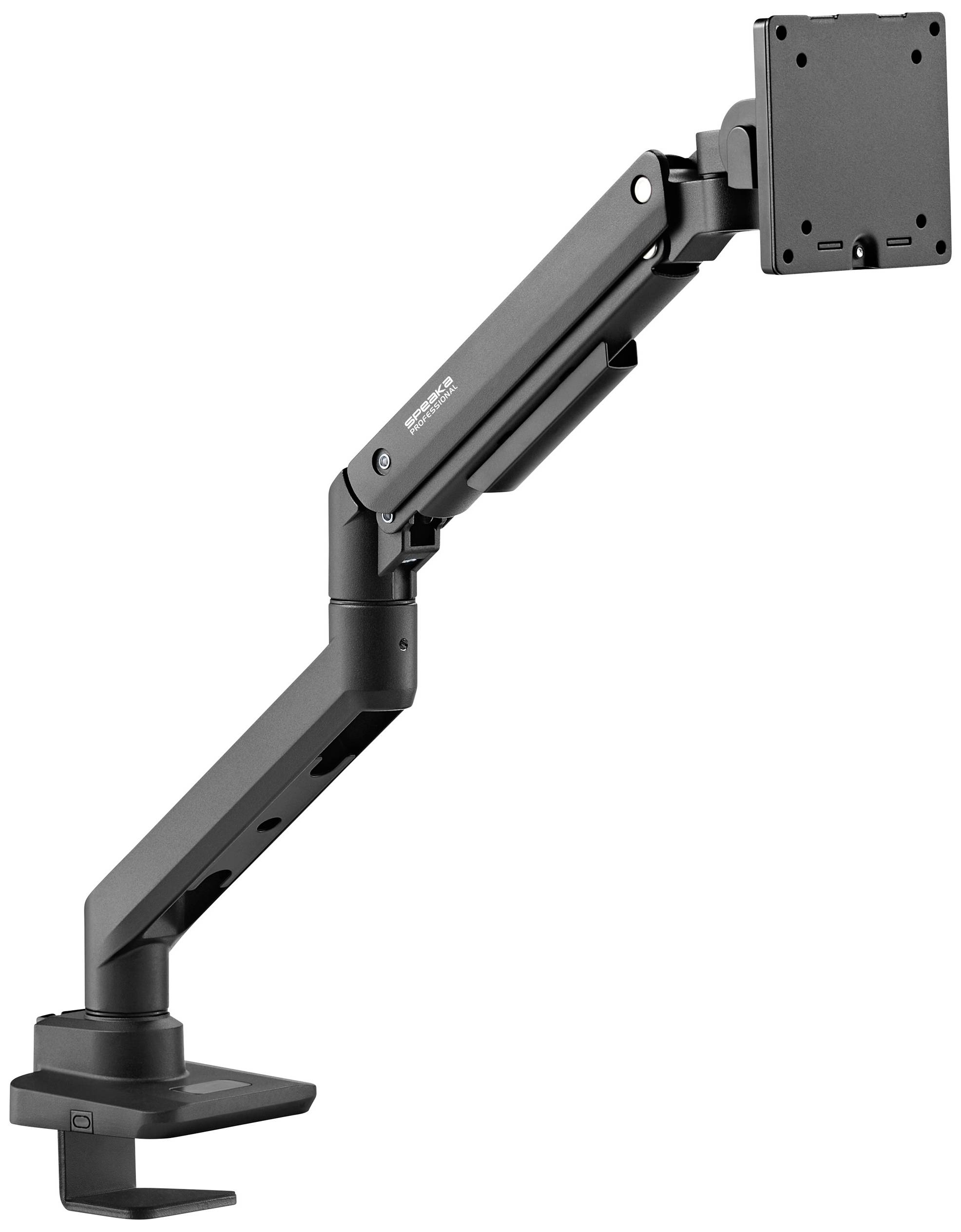 Un bras de moniteur ajustable en métal noir, fixé au bord d'un bureau. Idéal pour un positionnement ergonomique des écrans.