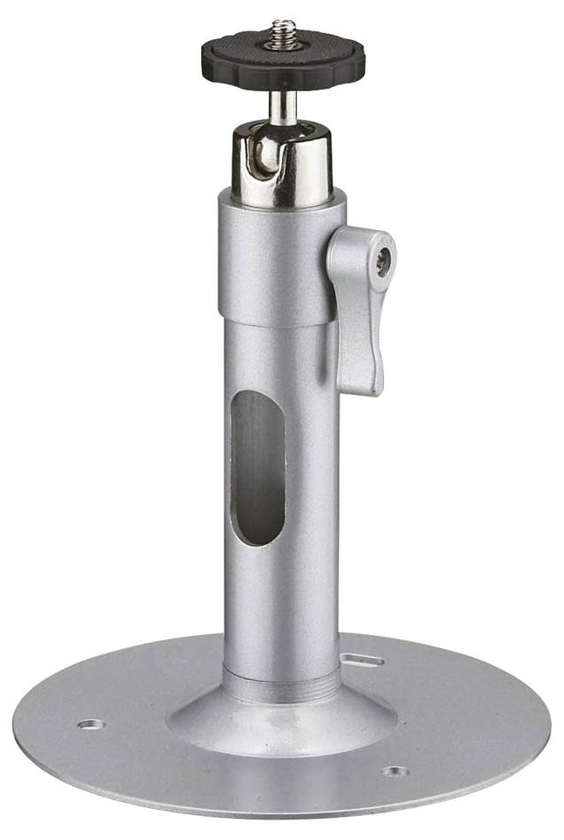 Un support de caméra en argent avec une base ronde et un articulation réglable en hauteur, adapté pour la fixation de caméras de surveillance.