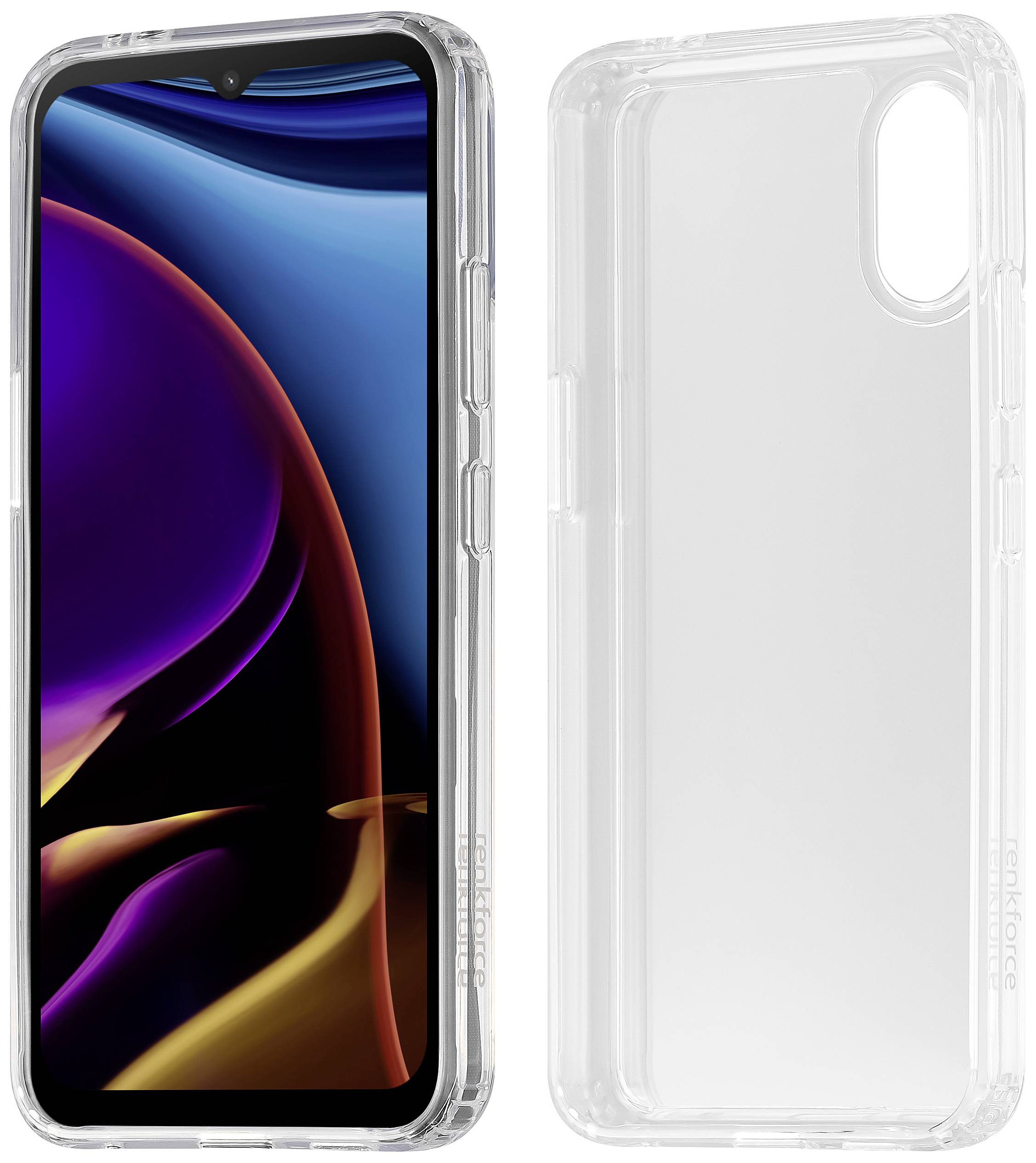 Un smartphone avec une coque transparente. À gauche l'écran aux couleurs vives, à droite le dos de la coque.