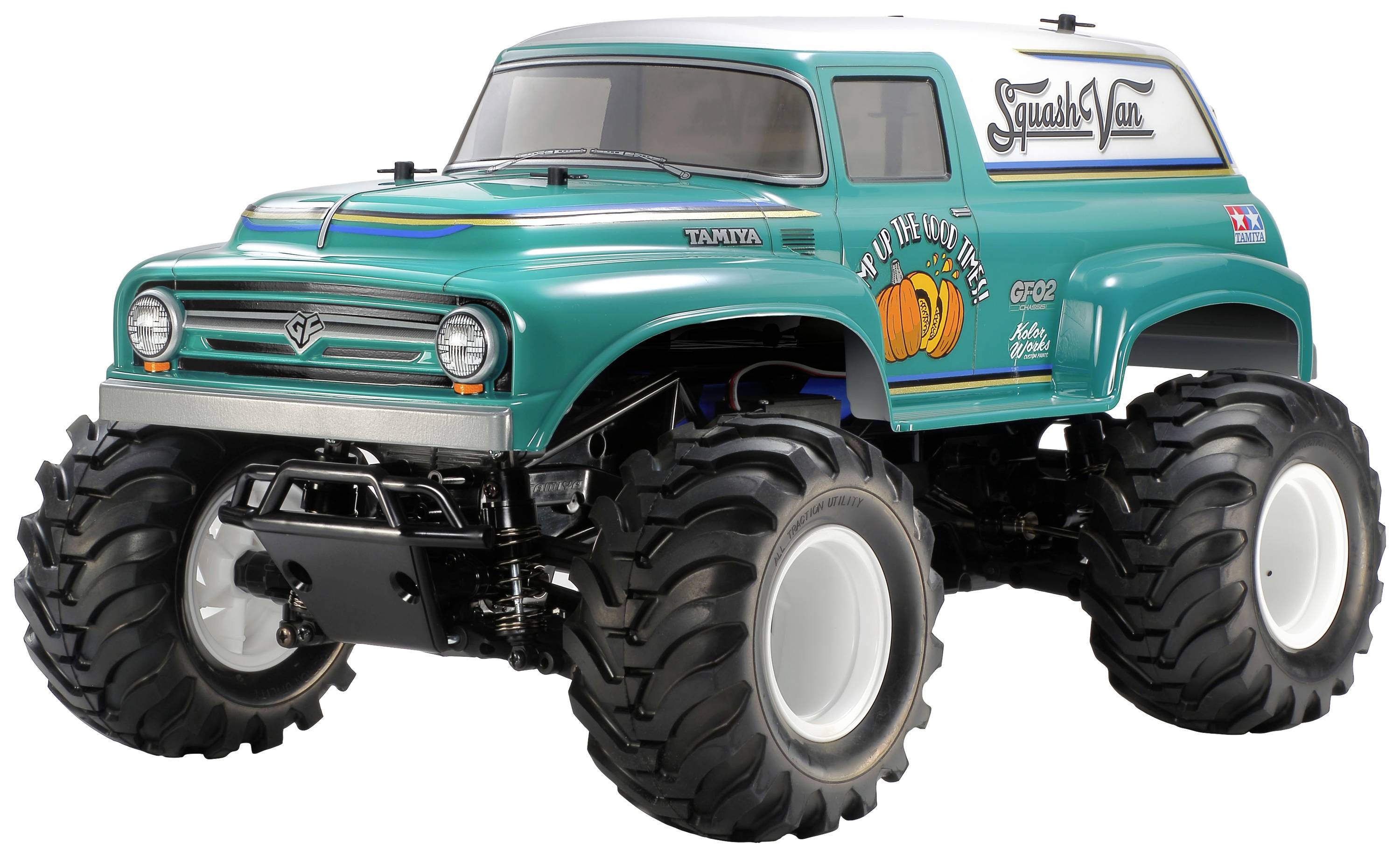 Un camion monstre vert avec de grandes roues et l'inscription 'Squash Van' sur le côté. Modèle de jouet en plastique.