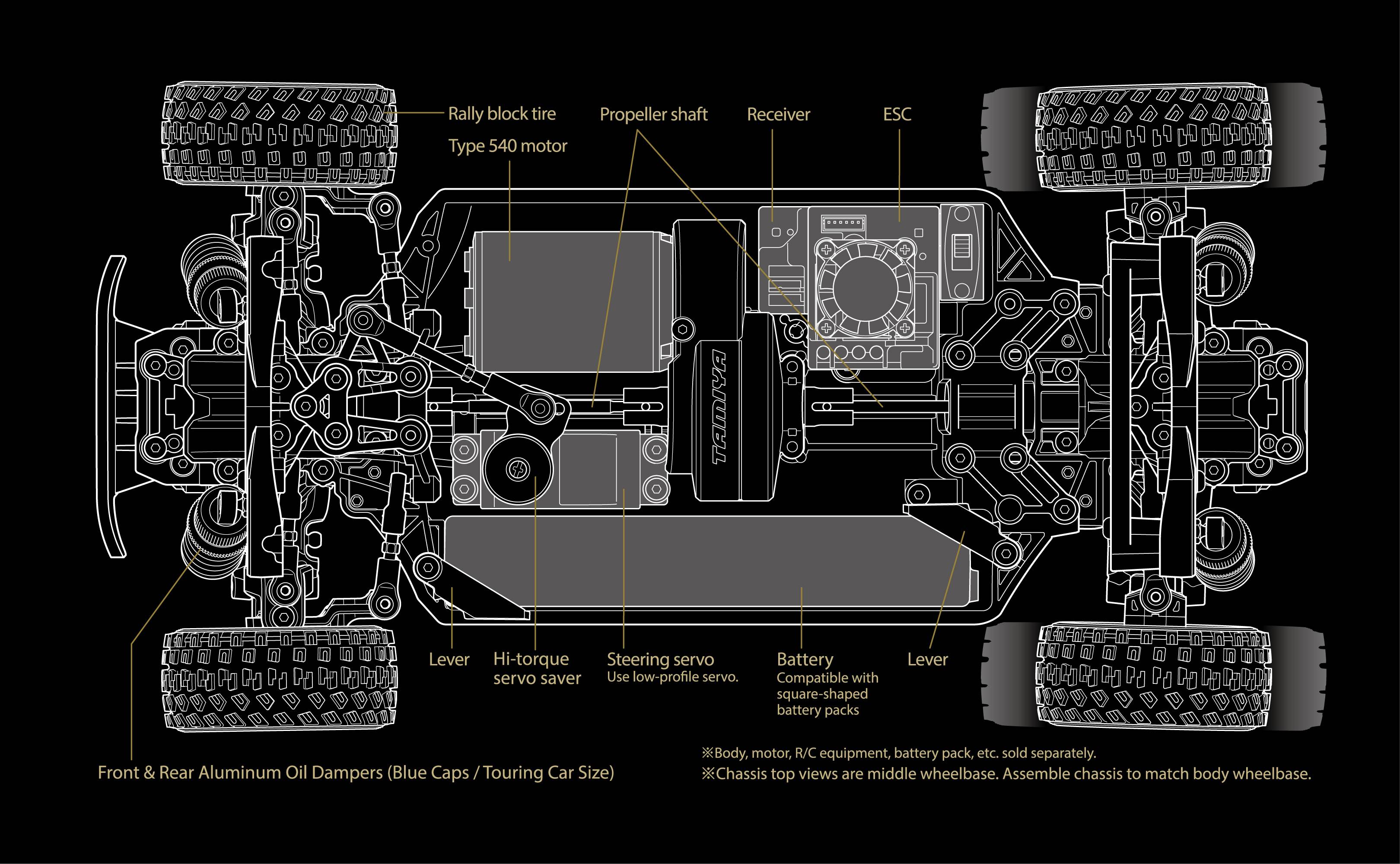 Diagramme d'un châssis de voiture télécommandée avec composants marqués : moteur, arbre de transmission, amortisseurs, servo de direction, récepteur, variateur électronique (ESC) et batterie.