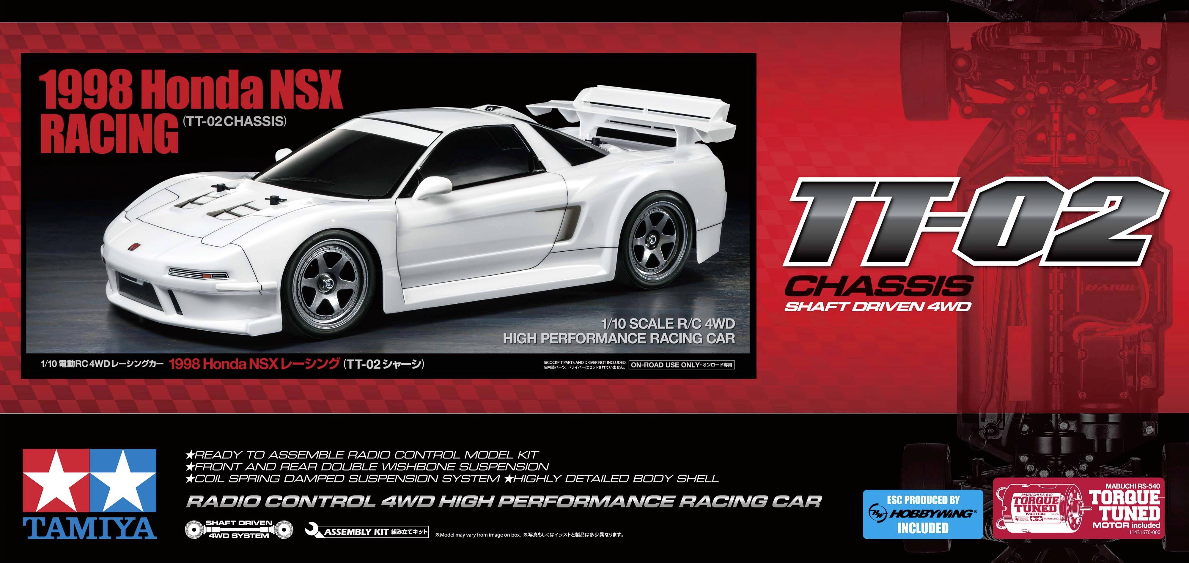 Honda NSX de course 1998 à l'échelle 1:10, châssis TT-02, voiture télécommandée à transmission intégrale. Comprend un kit de montage et une carrosserie aérodynamique.