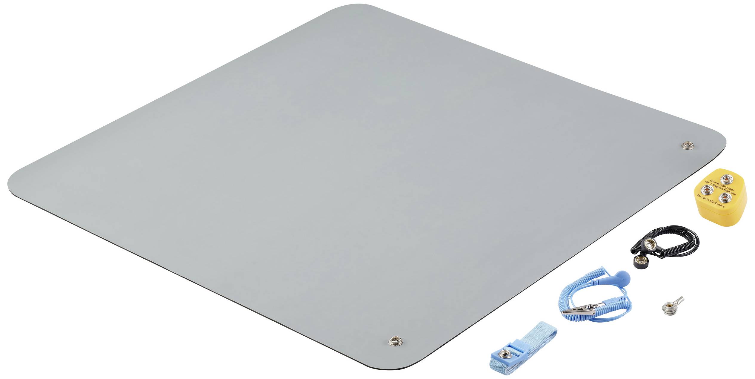 Plaque grise rectangulaire aux coins arrondis sur une surface blanche. À côté, des accessoires : un câble jaune et un câble bleu, une pince.