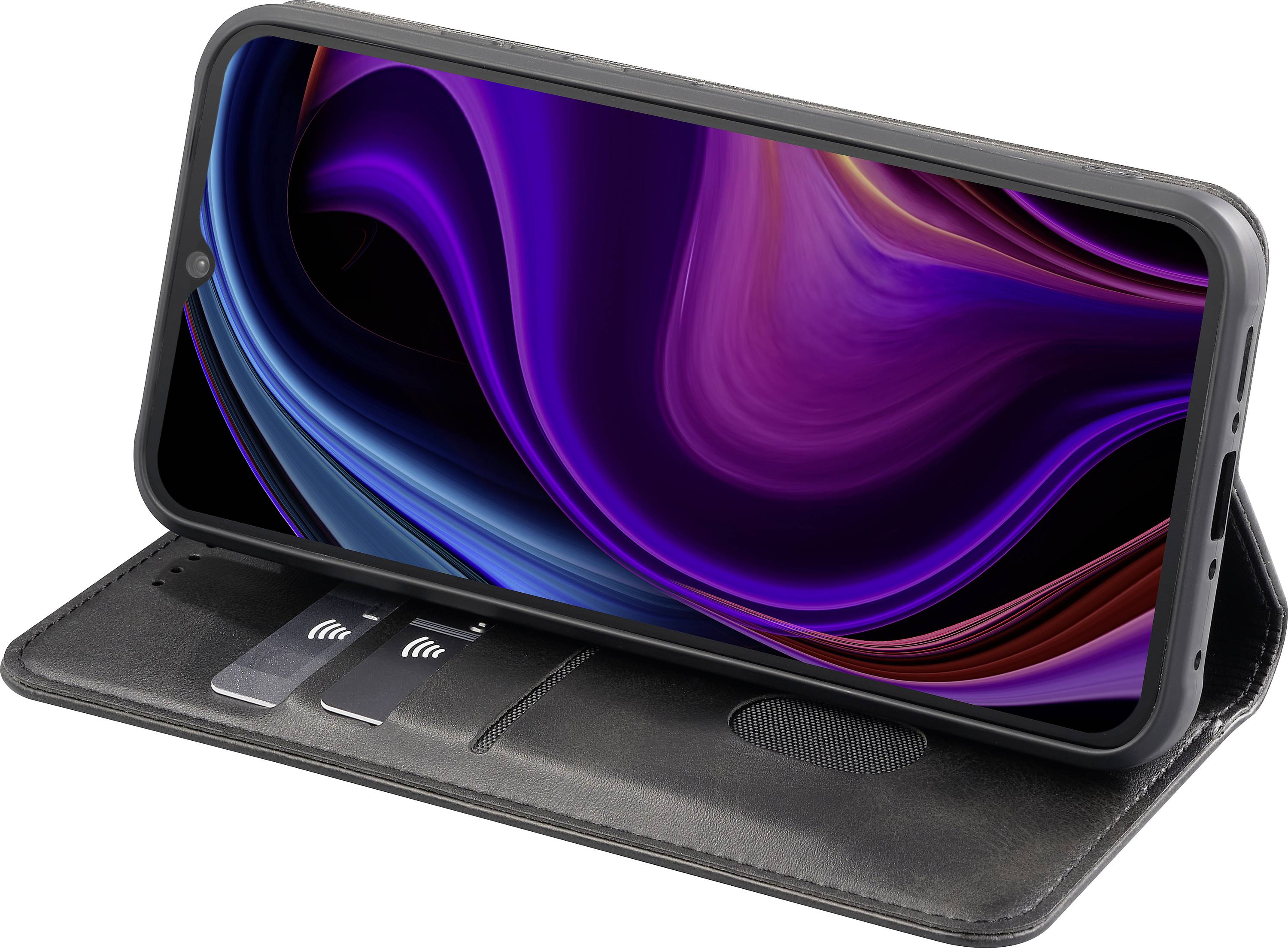 Smartphone dans un étui en cuir noir, utilisé comme support, affichant un design abstrait et dynamique sur l'écran.