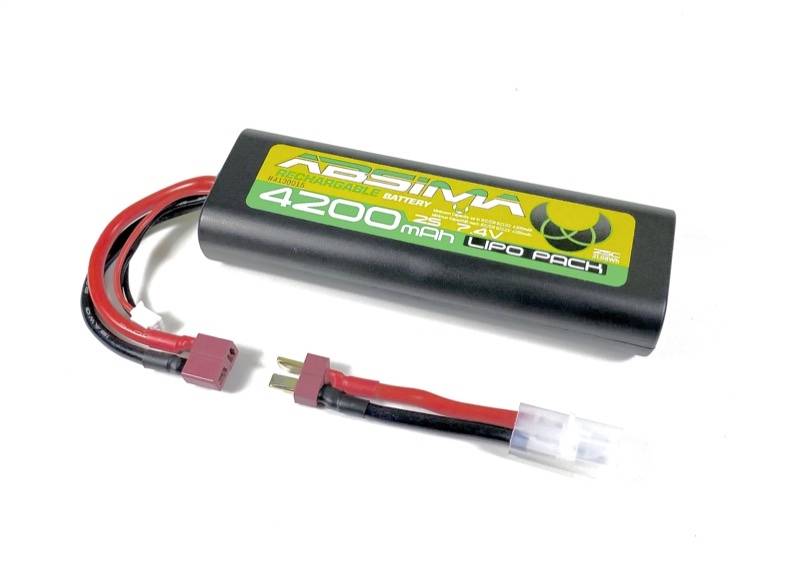 Batterie LiPo noire portant l'inscription 'Absima 4200 mAh', avec câbles rouge et noir munis de connecteurs.