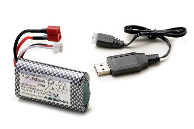 Batterie LiPo 7,4V 1500mAh avec chargeur USB et connecteurs, adaptée aux modèles radiocommandés.