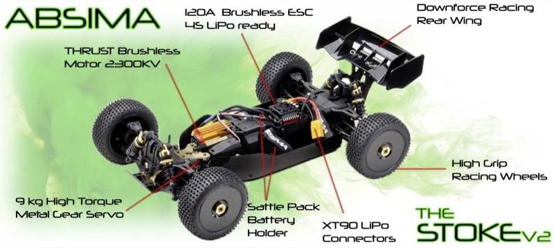 RC-Auto avec moteur Brushless 2300KV, ESC 120A, LiPo 4S, aileron de course, couplage métallique, connecteur LiPo XT90, pneus de course.