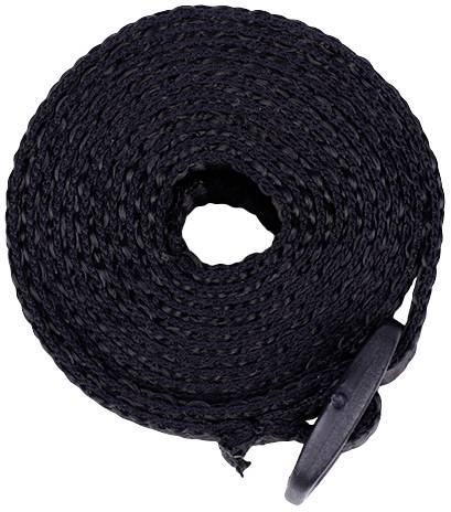 Un rouleau de tissu noir enroulé avec une extrémité en plastique, ressemblant à une ceinture ou une lanière.