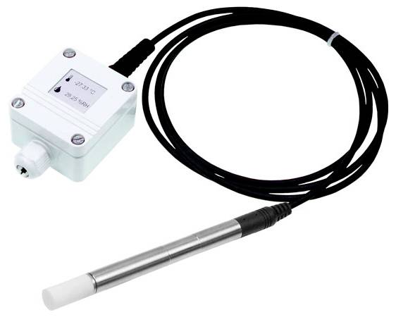 Un capteur numérique d'humidité et de température avec un écran d'affichage et une sonde métallique connectée, conçu pour la surveillance environnementale.