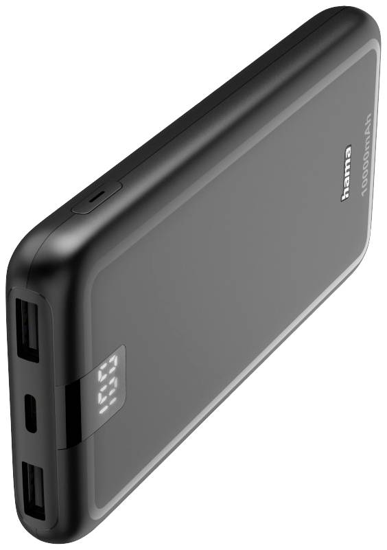 Batterie externe portable avec deux ports USB, un port USB-C et un affichage numérique de l'état de charge.