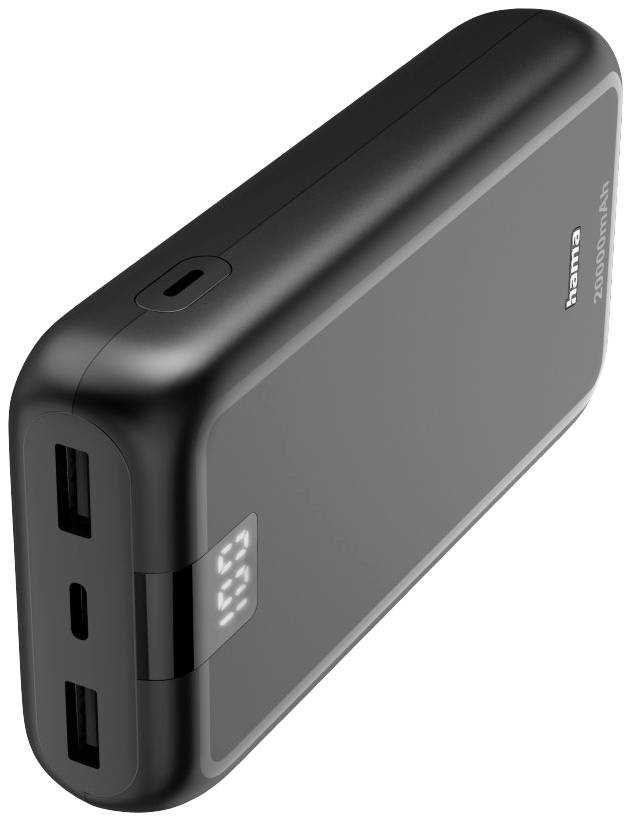 Batterie externe noire avec deux ports USB, un port USB-C et un indicateur LED. Design compact pour la recharge mobile.