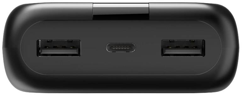 Chargeur noir avec deux ports USB-A et un port USB-C au centre, vu de face.